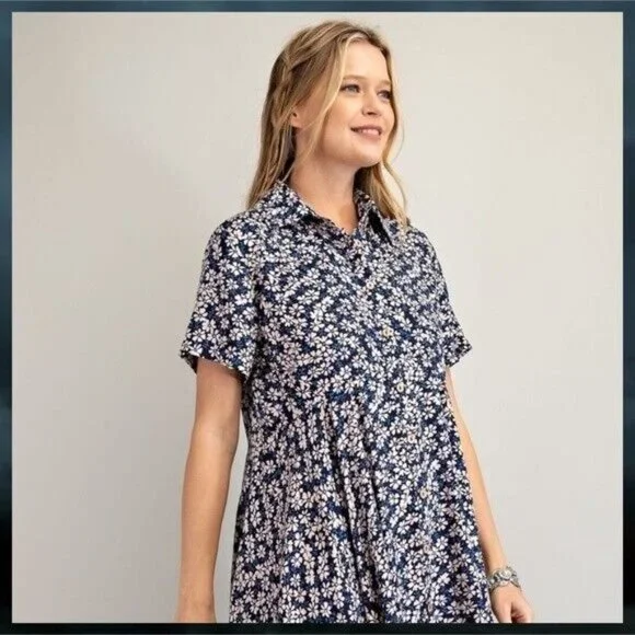 EASEL Lightweight Short Sleeved Collared Button Front Shark Bite Hem Shirt Dress - Picture 8 of 14